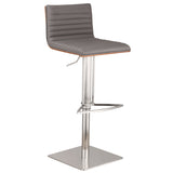 Café Adjustable Height Swivel Grey Faux Leather and Walnut Wood Bar Stool with Brushed Stainless Steel Base