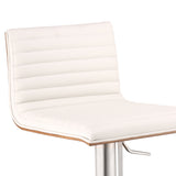 Café Adjustable Height Swivel White Faux Leather and Walnut Bar Stool with Brushed Stainless Steel Base