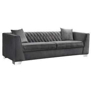 Cambridge Contemporary Sofa in Brushed Stainless Steel and Dark Gray Velvet