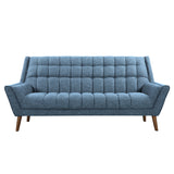 Cobra Mid-Century Modern Sofa in Blue Linen and Walnut Legs