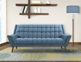 Cobra Mid-Century Modern Sofa in Blue Linen and Walnut Legs