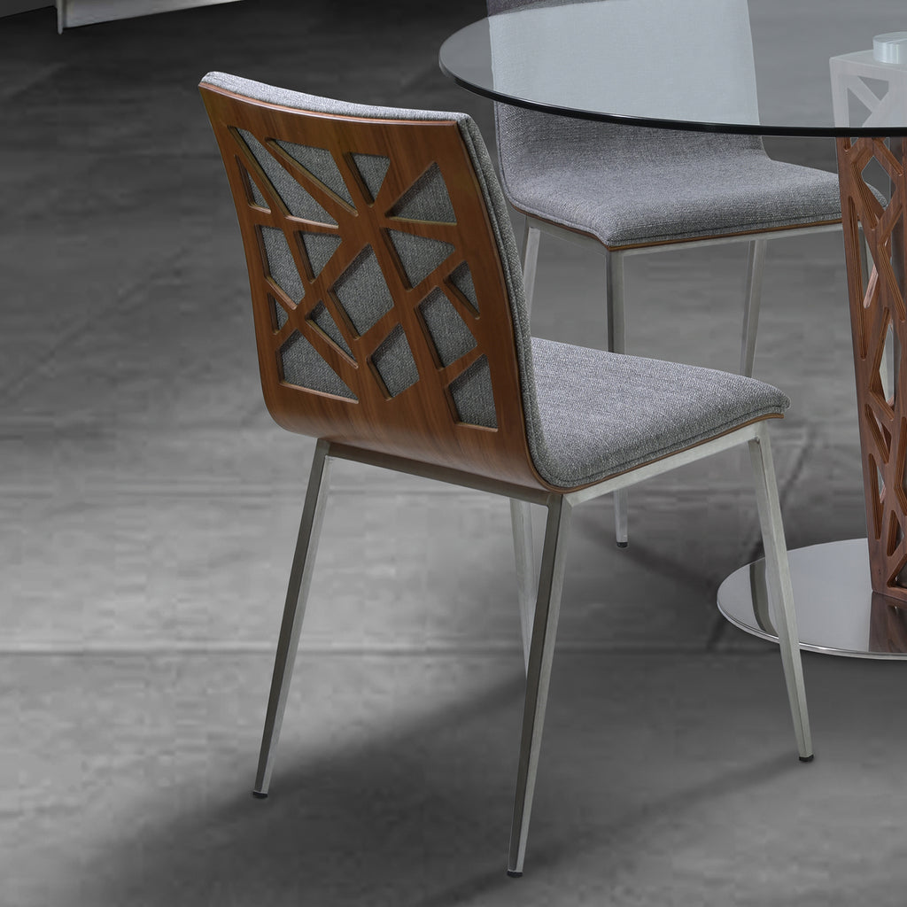 Crystal Dining Chair in Brushed Stainless Steel finish with Gray Fabric and Walnut Back - Set of 2