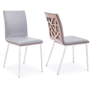 Crystal Dining Chair in Brushed Stainless Steel finish with Gray Faux Leather and Walnut Back - Set of 2