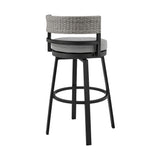 Encinitas Outdoor Patio Counter Height Swivel Bar Stool in Aluminum and Wicker with Grey Cushions