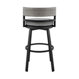 Encinitas Outdoor Patio Counter Height Swivel Bar Stool in Aluminum and Wicker with Grey Cushions