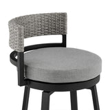 Encinitas Outdoor Patio Swivel Bar Stool in Aluminum and Wicker with Grey Cushions