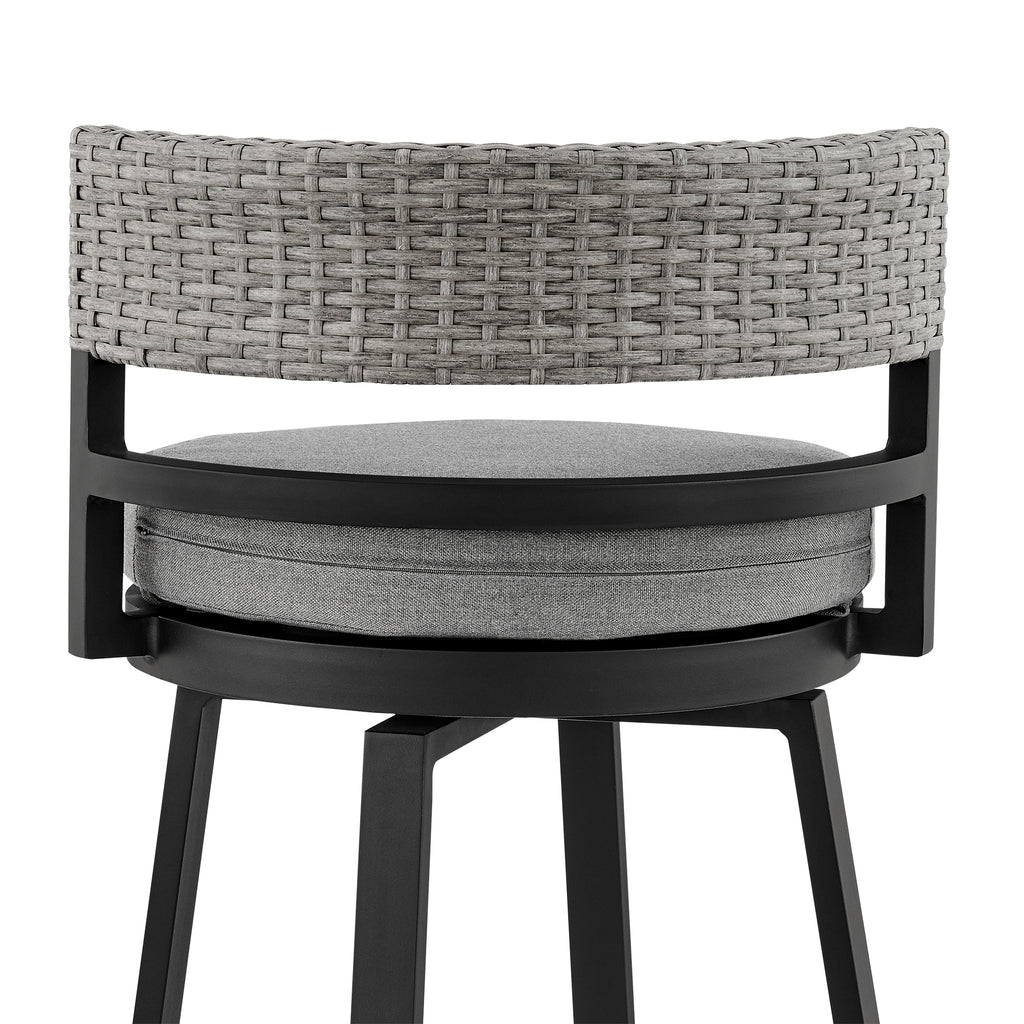 Encinitas Outdoor Patio Swivel Bar Stool in Aluminum and Wicker with Grey Cushions
