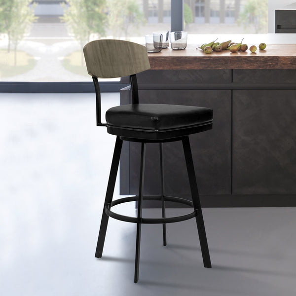 Frisco 26" Counter Height Barstool in Matte Black Finish with Black Faux Leather and Gray Walnut