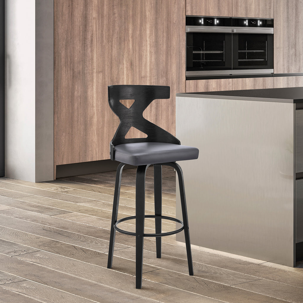 Gayle 30" Swivel Cross Back Grey Faux Leather and Black Wood Bar Stool