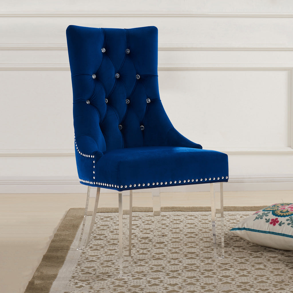 Gobi Modern and Contemporary Tufted Dining Chair in Blue Velvet with Acrylic Legs