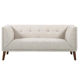 Hudson Mid-Century Button-Tufted Loveseat in Beige Linen and Walnut Legs