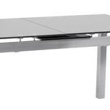 Ivan Extension Dining Table in Brushed Stainless Steel and Gray Tempered Glass Top