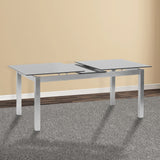 Ivan Extension Dining Table in Brushed Stainless Steel and Gray Tempered Glass Top