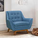 Janson Mid-Century Sofa Chair in Champagne Wood Finish and Blue Fabric