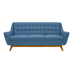 Janson Mid-Century Sofa in Champagne Wood Finish and Blue Fabric