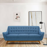 Janson Mid-Century Sofa in Champagne Wood Finish and Blue Fabric