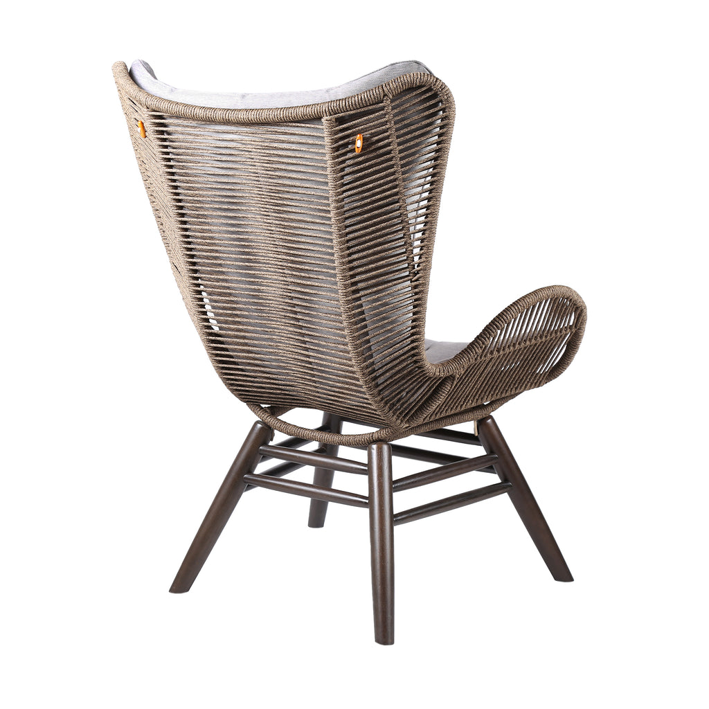 King Indoor Outdoor Lounge Chair in Dark Eucalyptus Wood with Truffle Rope and Grey Cushion