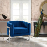 Kamila Contemporary Accent Chair in Blue Velvet and Brushed Stainless Steel Finish