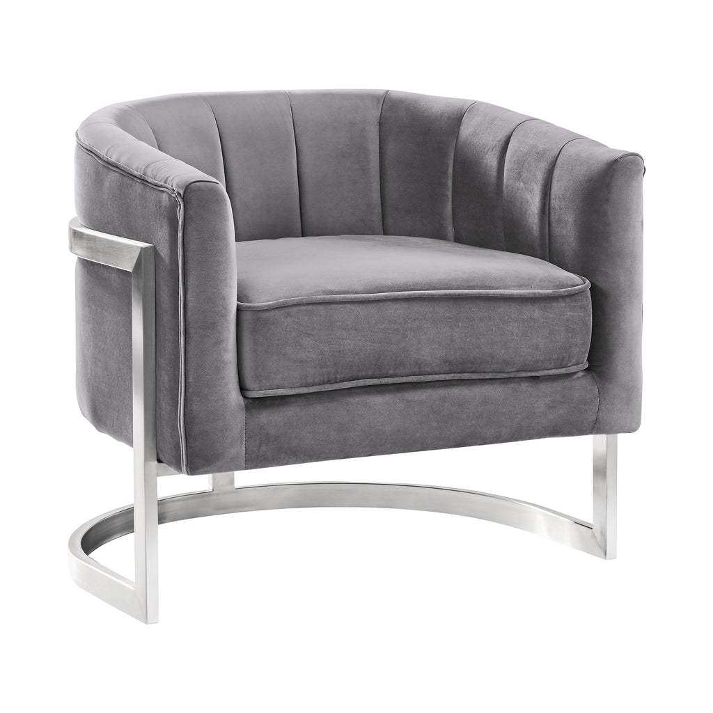 Kamila Contemporary Accent Chair in Gray Velvet and Brushed Stainless Steel Finish