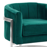 Kamila Contemporary Accent Chair in Green Velvet and Brushed Stainless Steel Finish