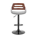 Karter Adjustable Gray Faux Leather and Walnut Wood Bar Stool with Black Base