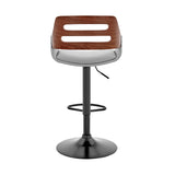 Karter Adjustable Gray Faux Leather and Walnut Wood Bar Stool with Black Base