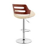 Karter Adjustable Cream Faux Leather and Walnut Wood Bar Stool with Chrome Base