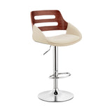 Karter Adjustable Cream Faux Leather and Walnut Wood Bar Stool with Chrome Base