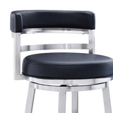 Madrid 30" Bar Height Swivel Black Faux Leather and Brushed Stainless Steel Bar Stool