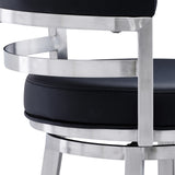 Madrid 30" Bar Height Swivel Black Faux Leather and Brushed Stainless Steel Bar Stool