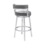 Madrid 26" Counter Height Swivel Grey Faux Leather and Brushed Stainless Steel Bar Stool