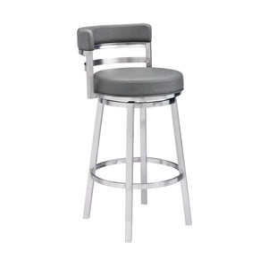 Madrid 30" Bar Height Swivel Grey Faux Leather and Brushed Stainless Steel Bar Stool