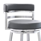 Madrid 30" Bar Height Swivel Grey Faux Leather and Brushed Stainless Steel Bar Stool