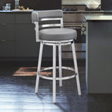 Madrid 30" Bar Height Swivel Grey Faux Leather and Brushed Stainless Steel Bar Stool