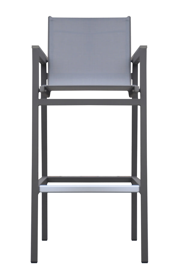 Marina Outdoor Patio Barstool in Grey Powder Coated Finish with Grey Sling Textilene and Grey Wood Accent Arms