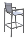 Marina Outdoor Patio Barstool in Grey Powder Coated Finish with Grey Sling Textilene and Grey Wood Accent Arms