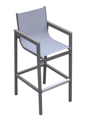 Marina Outdoor Patio Barstool in Grey Powder Coated Finish with Grey Sling Textilene and Grey Wood Accent Arms