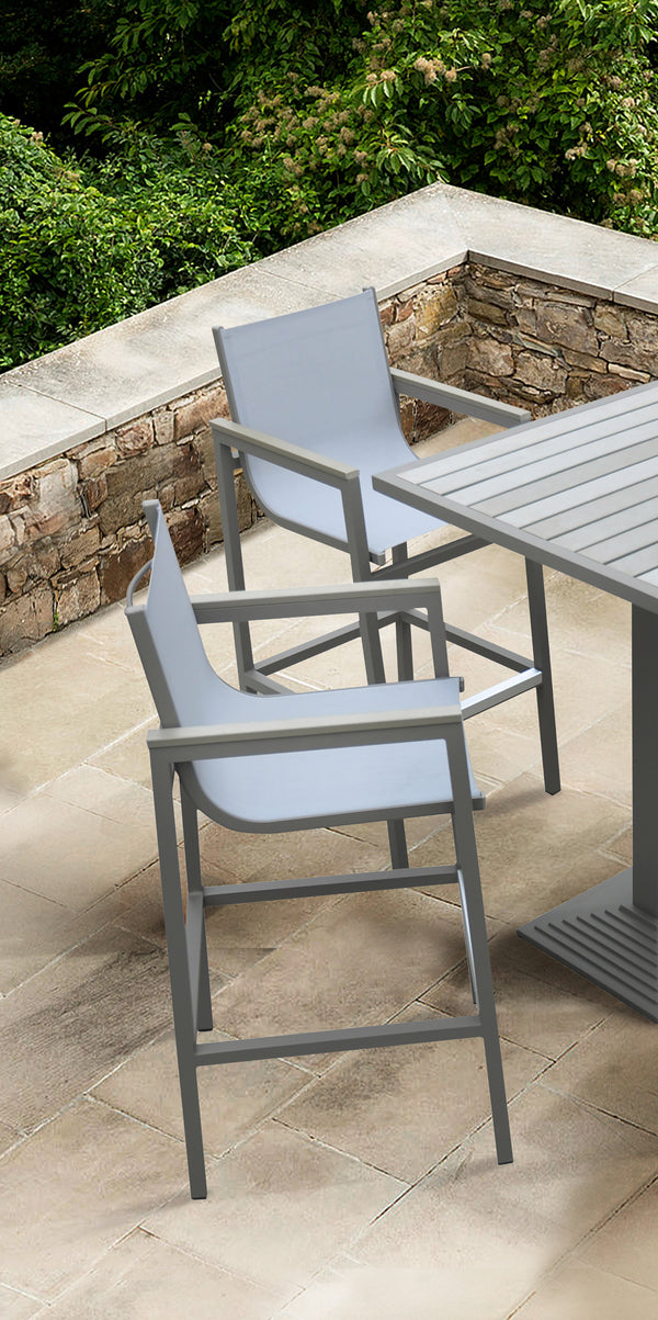 Marina Outdoor Patio Barstool in Grey Powder Coated Finish with Grey Sling Textilene and Grey Wood Accent Arms