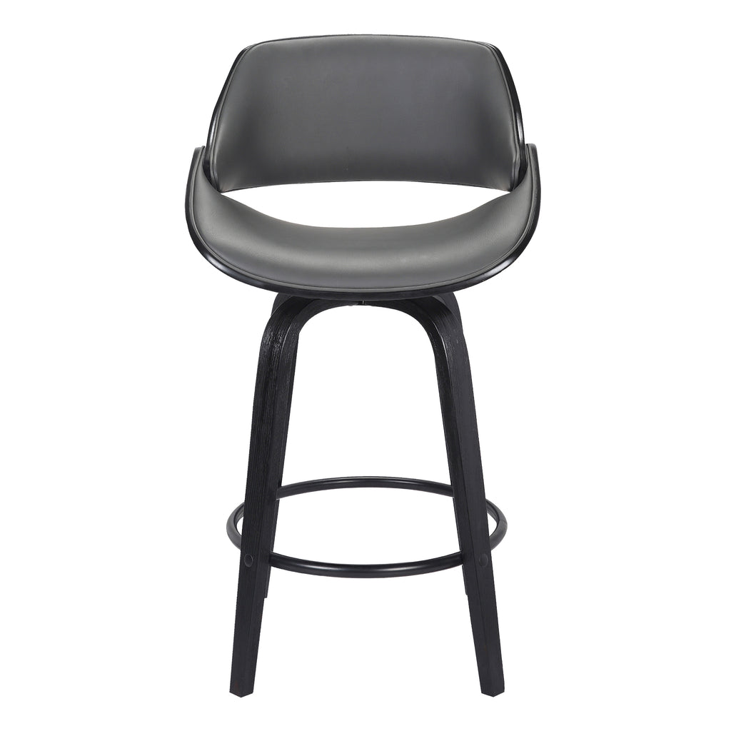 Mona 26" Counter Height Swivel Grey Faux Leather and Black Wood Bar Stool