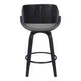 Mona 26" Counter Height Swivel Grey Faux Leather and Black Wood Bar Stool