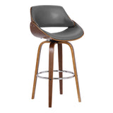 Mona 26" Counter Height Swivel Grey Faux Leather and Walnut Wood Bar Stool