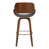 Mona 30" Bar Height Swivel Grey Faux Leather and Walnut Wood Bar Stool