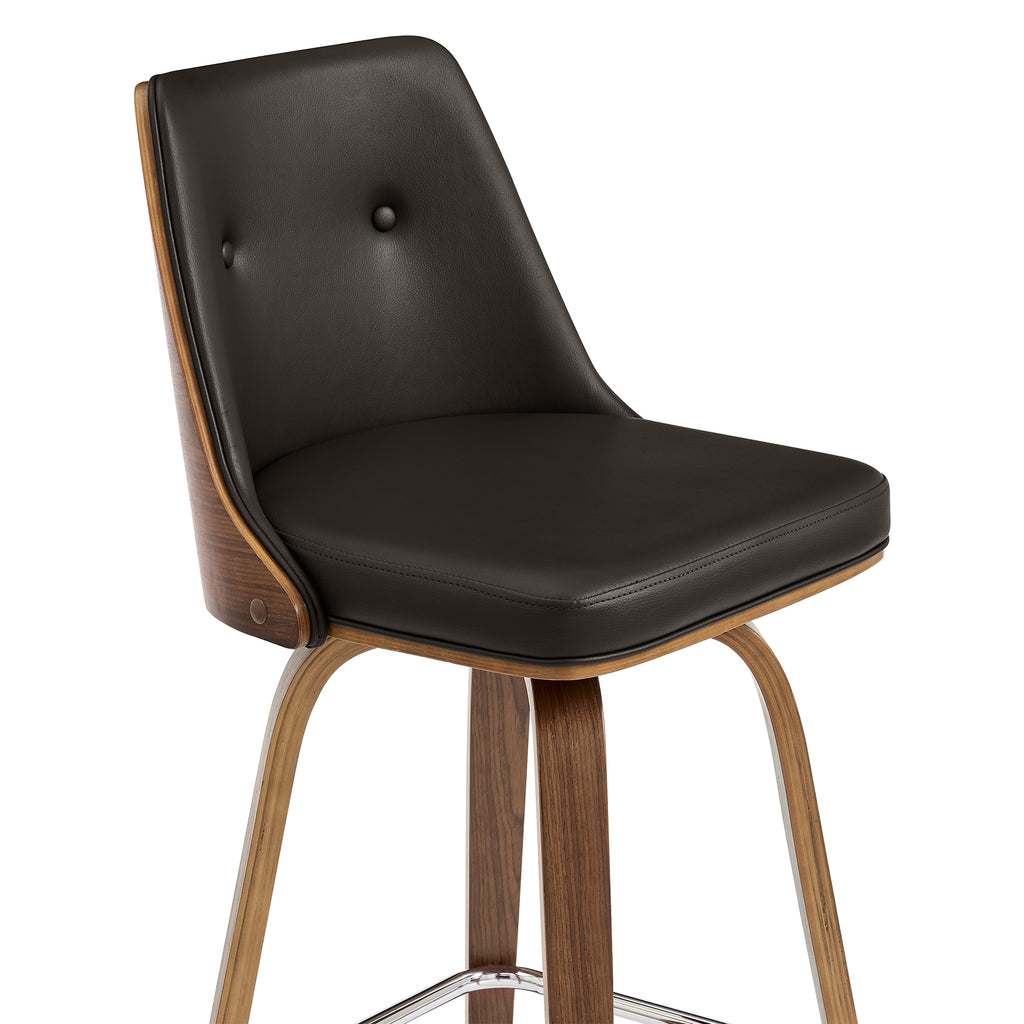 Nolte 30" Swivel Bar Stool in Brown Faux Leather and Walnut Wood