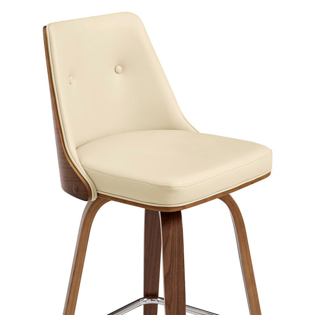 Nolte 30" Swivel Bar Stool in Cream Faux Leather and Walnut Wood