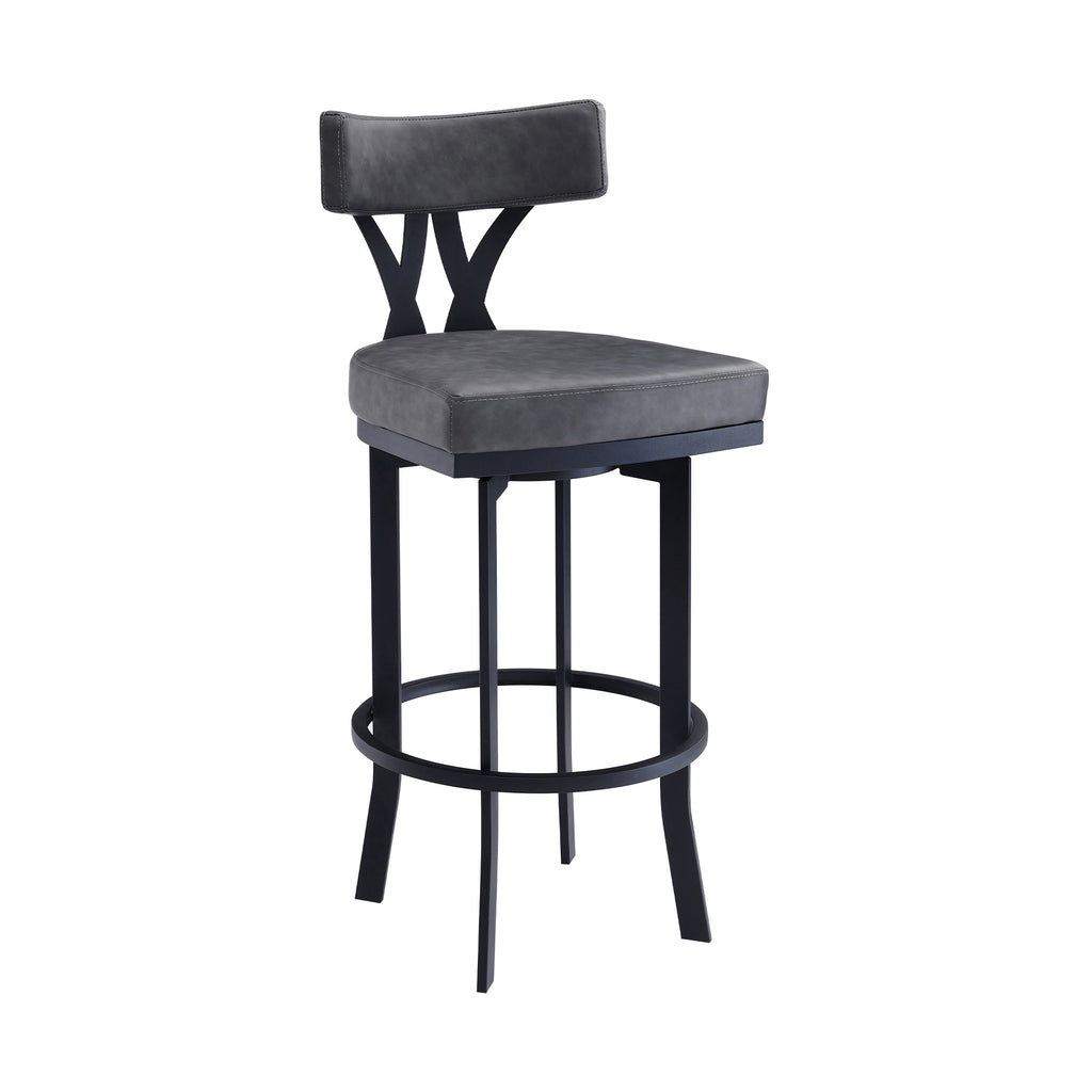 Natalie 26" Counter Height Vintage Grey Faux Leather Upholstery and Black Metal Bar Stool 