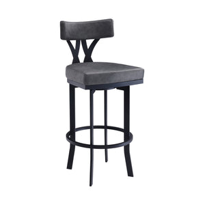 Natalie 30" Bar Height Vintage Grey Faux Leather Upholstery and Black Metal Bar Stool 
