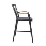 Portals Outdoor Patio Aluminum Barstool in Black with Natural Teak Wood Accent and Cushions