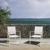 Portals Outdoor Coral Sand Aluminum Stacking Dining Chair with Teak Arms - Set of 2