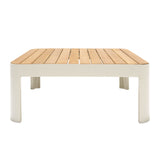 Portals Outdoor Square Coffee Table in Light Matte Sand Finish with Natural Teak Wood Top