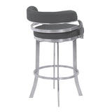 Prinz 26" Counter Height Swivel Grey Faux Leather and Brushed Stainless Steel Bar Stool